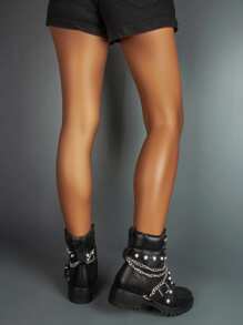 女式系带厚底踝靴哥特式厚底靴金属装饰链条拉链朋克风格摩托车靴黑色 - 黑色 - 查看 9