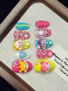 10pcs Handmade Wearable Nail Stickers, 3D Colorful Bubblegum Girl Pattern, Bright & Cheerful, Adorable & Charming, Gift For Girls, Reusable, Press-On Acrylic Nail Art Decals, Cute Nail Accessories - Multicolor - View 5