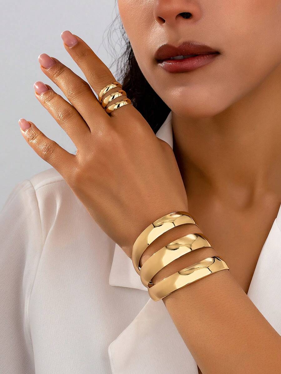 1套时尚不对称手链和1个戒指女士手链套装 - 金黃色 - 查看 1