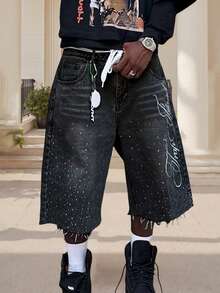 Men's Summer Casual Denim Shorts Knee Length  Letter Embroidered Rhinestone Jeans Shorts - Black - View 2