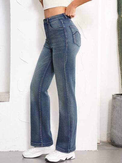 High Waist Dark Wash Tummy Control Embroidered Straight Jeans