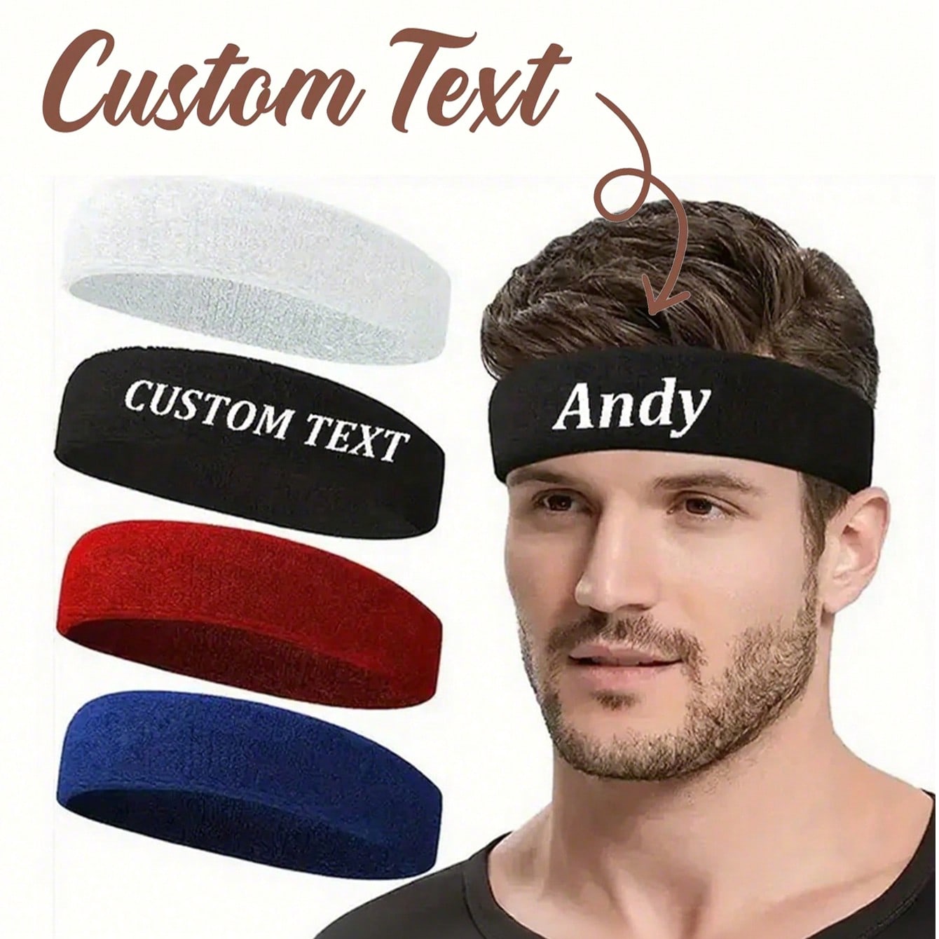 Cinta para la cabeza/diadema personalizada y personalizada unisex - Diseño de texto personalizable, adecuada para tenis, baloncesto, correr, fitness