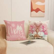 4pcs Christmas Theme Pillow Covers, Pink Letter Print Snowman & Reindeer Pattern, Farmhouse Style Polyester Fabric Zippered Single-Sided Print Cushion Covers, Pillow Inserts Not Included, Winter, Christmas Holiday Home Decor, Suitable For Sofa, Bed, Chair, Bedroom, Living Room, Patio Decoration