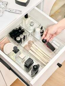 Bandeja de armazenamento de gaveta de mesa de plástico transparente de 1/5/6/11 peças, conjunto de acabamento de gaveta, caixa de armazenamento de cosméticos, adequada para armazenar cosméticos e joias, pode ser usada em banheiros e para colocar itens pequenos, e também pode ser usada em quartos e escritórios.