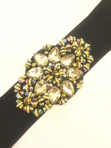 1 件优雅米色水钻和亮片装饰弹性腰带，波西米亚风格，适合长袍、长裙、裙子、礼服，适合学生、休闲女士、商务女士、圣诞节和万圣节派对礼物 - 米色水鑽 - 查看 4