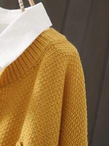 Plus Size Casual Solid Color Round Neck Long Sleeve Cardigan, Autumn/Winter - Yellow - View 5