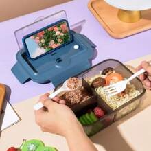 1 Set quadratische einfarbige Fach-Lunchbox mit Deckel & Besteck, wiederverwendbare mikrowellengeeignete Kunststoff-Bento-Box für Büromitarbeiter, Studenten, Partys, Outdoor, Camping, Picknicks, Snacks
