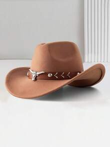 1 Peça Chapéu de Cowboy Retrô Unissex, Decorado com Padrão de Chifre de Touro, Adequado para Uso Casual e Festa de Cowboy Ocidental - Chapéu de couro marrom com rebites e cabeça de touro - Visão 17