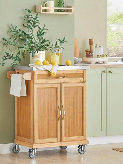 SoBuy Kitchen Cabinet Kitchen Storage Trolley Cart With Bamboo Worktop, 1 Large Cupboard And 1 Drawer, FKW13-WN