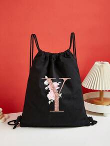 Drawstring Backpack Sports Backpack Women Drawstring Shoe Bags For Travel Storage Bags Rose Gold Initials Name Letter Pattern Gym Bags Lightweight Drawstring Bag Travel Bags Cloth Bags Dust Storage Pouch For Outdoor Duffle Sports Bag Schoolbag Bundle Tote Bag For Student Sports Back Pack Latter Print - Black - View 15