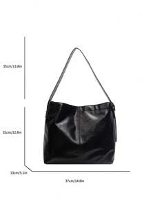 1 pieza Bolso de hombro de mujer de estilo vintage negro con remaches, ojetes y costuras, con acabado encerado, bolso de tote versátil y casual apto para uso diario, ir a la universidad, de gran capacidad tipo cubo, nueva llegada de otoño/invierno
