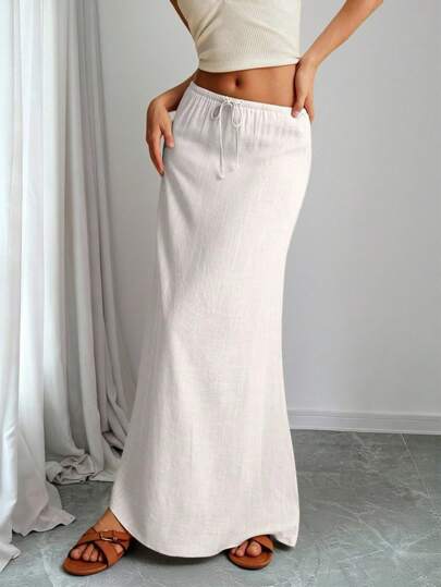 Women's Casual Vacation Solid Color Linen Blend Simple Drawstring Skirt Fall Clothes Elegant Fall Dresses