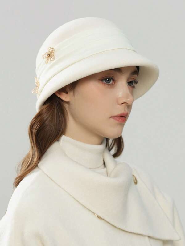 1pc Women's Elegant Fashion Versatile Small Brimmed Hat, Wool Beaded Bucket Hat, Classic Bucket Hat, Felt Hat, Autumn/Winter