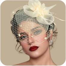 Fascinators Hats Women Tea Party Hat Mesh Headband Vintage Lace Cocktail Headwear Hair Clip Church - 米色 - 查看 1