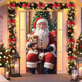 2D 圣诞主题高弹力尼龙门帘，35x79 英寸 - 易于安装和拆卸，防污染，适合节日家居装饰