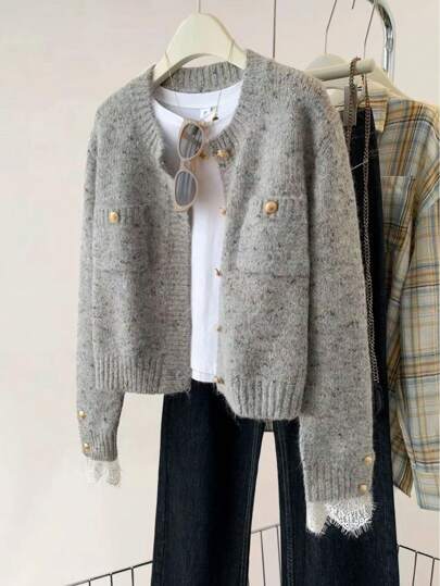 JIANHU Damen Herbst gestrickter Cardigan - Vintage Knöpfe & Fransen Saum, gesprenkelt beiger oversized Pullover für Kaffee-Dates/Hygge Zuhause/lässiges Layering