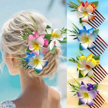 1pc Tropical Artificial Hibiscus Flower Hair Comb - Hawaiian Bridal Hair Accessory, Includes Yellow, Blue, Pink Flowers And Green Leaves, Suitable For Straight/Wavy/Curly Hair - Beach Wedding Decor, Tropical Party Accessory, Realistic Floral Design, Polyester Flower Print Boho, Combs, Hair Comb, Side Comb, Combs For Hair, Bride To Be