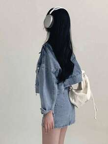 女士长袖拉链牛仔外套和高腰显瘦牛仔裙套装