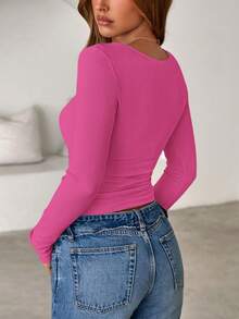 Women Spring And Fall Long Sleeve Shirts Ribbed Crewneck Fitted Basic Tee Going Out Tops Casual Workout Vacation Outfits - 亮粉紅色 - 查看 2