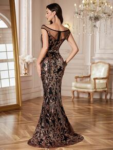 Elegantes Damen Abendkleid mit schwarzer Off-Shoulder Silhouette, Pailletten-Verzierung und Meerjungfrau-Saum, geeignet für formelle Abendessen, Partys, Hochzeiten, Galas, Fotoshootings und Dates