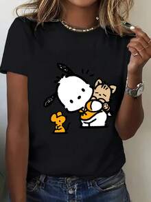 SANRIO Women's Short-Sleeved Crew Neck Casual T-Shirt With  Print. Made Of Pure Cotton. Machine Washable. Suitable For All Seasons. Summer Wear. Fun, Sexy, Avant-Garde And Personalized Design. Opaque Fabric. - màu đen - Xem 1