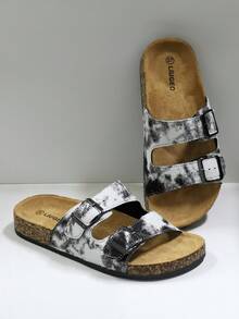 男女通用中国风黑白扎染时尚双带双扣休闲防滑拖鞋，软底舒适一脚蹬女士凉鞋，秋冬家居拖鞋，适合圣诞节、万圣节、居家、约会、购物、通勤、派对、海滩度假 - 黑與白 - 查看 4