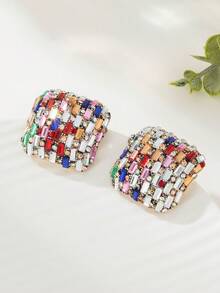 1 Pair Vintage Colorful Glass Stud Earrings With Inlaid Multicolor Rhinestone Square Earrings, Luxury Niche Jewelry Suitable For Women, Party, Date, Sexy Accessories - Colored Earrings - View 5