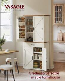 VASAGLE Credenza, Mobile da Cucina Alto 178,6 cm con Ante in Stile Fienile, Cassetto, Vassoio, Ripiani Regolabili, Dispensa per Cucina Sala da Pranzo, Bianco Vintage - Bianco - Visualizzare 2
