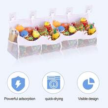 Organizator mare pentru jucării de baie, cu 4 compartimente, cu uscare rapidă, din plasă, cu 5 cârlige, acces și sortare ușoară, capacitate mare de depozitare în colț pentru baie, suport multifuncțional (roz)