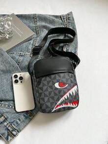 男士休闲格子单肩斜挎包，时尚小方形斜挎包，独特鲨鱼嘴设计 - 黑色 - 查看 9