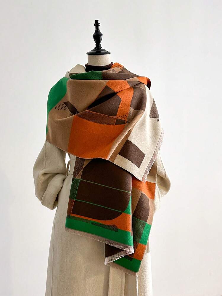 1条简约猫咪图案提花仿羊绒保暖围巾，适合空调房使用，时尚百搭，秋冬季女士围巾，可搭配连衣裙 - 彩色 - 查看 4