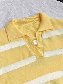 FOR BEAUTY 春秋新款复古条纹撞色高领长袖针织衫，女士宽松时尚休闲套头衫，嘉年华上衣 - 藤黃拼珍珠白 - 查看 5