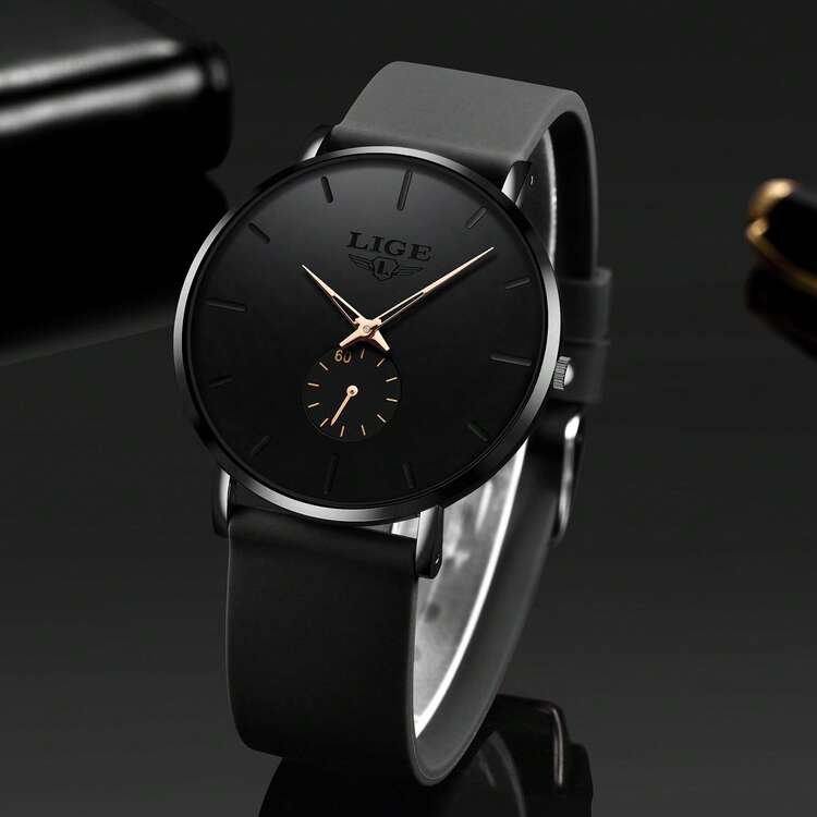 LIGE 新款时尚男士手表顶级品牌奢华运动防水简约超薄大气手表男士石英表 - 黑色 - 查看 6
