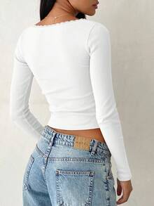 Contrast Lace Long Sleeve Knit Crew Neck Fitted Undershirt T-Shirt, Y2K Style, Spring/Autumn - White - View 2