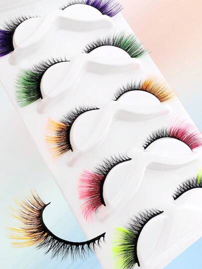 5 Pairs Colorful 3D False Eyelashes, C-Curl Fluffy Faux Mink Lashes, Rich Colors, Thick & Natural, Suitable For Daily, Party, Holiday, Stage Makeup, Strip Eyelashes, Eyelashes, False Eyelashes,Halloween