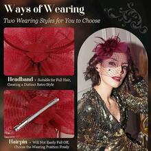 Fascinators Hats Women Tea Party Hat Mesh Headband Vintage Lace Cocktail Headwear Hair Clip Church - 酒紅色 - 查看 3