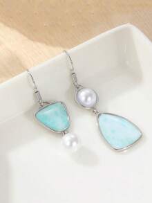 Vintage Copper Asymmetric Faux Pearl Pendant Earrings, Handmade Bohemian Style Women Earrings