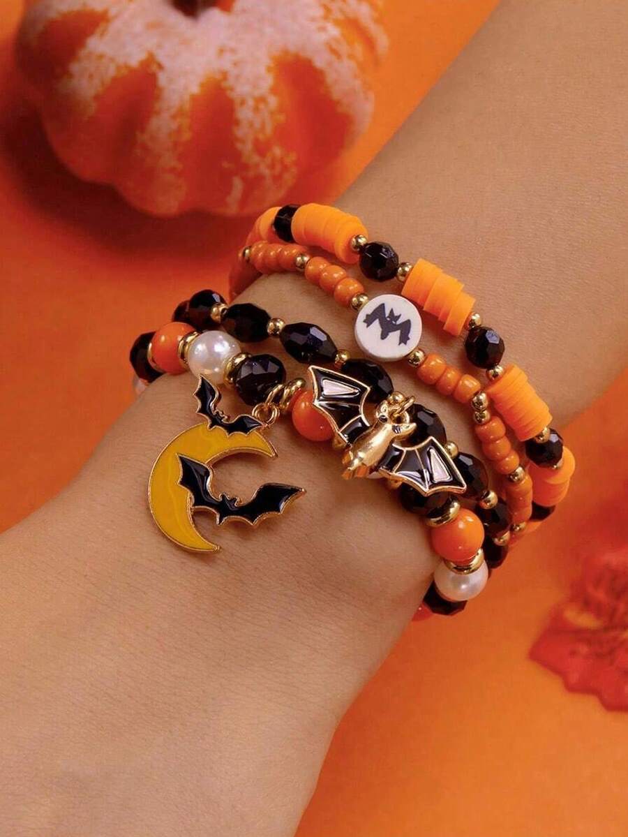Bộ 4 vòng tay đất sét polymer hình dơi ma quái phong cách tiệc Halloween mới - Dơi 4 chiếc - Xem 1