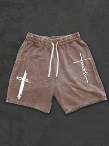 Cross Print Men's Shorts Set, Men, Ropa De Hombre, Men Shorts Set, Pantalones De Hombre, Shorts For Men, Graphic Tees Men - 咖啡棕 - 查看 1