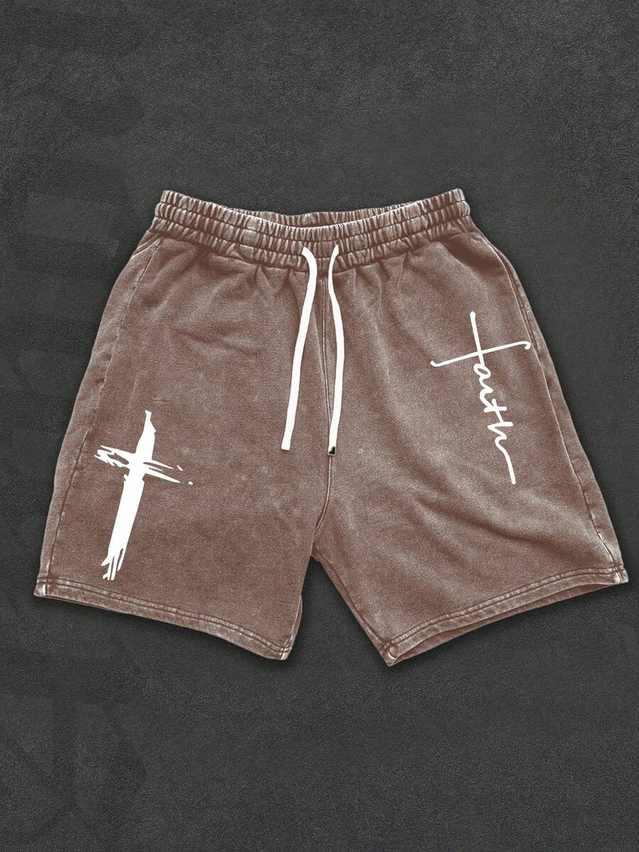 Cross Print Men's Shorts Set, Men, Ropa De Hombre, Men Shorts Set, Pantalones De Hombre, Shorts For Men, Graphic Tees Men - 咖啡棕 - 查看 1
