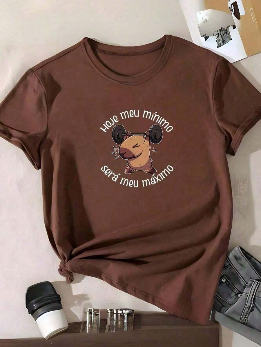 Camiseta Academia Feminina Treino Malha Algodão Corrida Manga Curta Capivara Hoje o Meu Mínimo - Marrom - Visão 1
