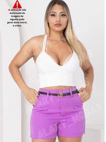 Short Feminino Alfaiataria Cintura Alta com Cinto Flor Dourada e Bolsos Moda Verão do P ao G3 Plus Size - Lilás - Visão 3