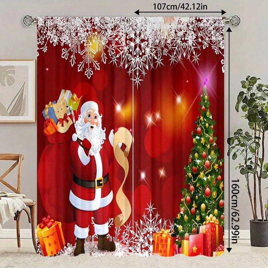 2pcs Christmas Snowman & Tree Pattern Home Textile Digital Print Curtains, Rod Pocket Design For Easy Hanging, Privacy Protection Curtains Suitable For Bedroom, Living Room, Kitchen, Study, Dining Room, Game Room, Home Decor