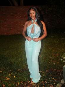 Steph T 亮片低腰长裤度假夏季伊比沙岛优雅沙滩装波西米亚风休闲狂欢节夏季保暖女装 - 淺藍色 - 查看 3