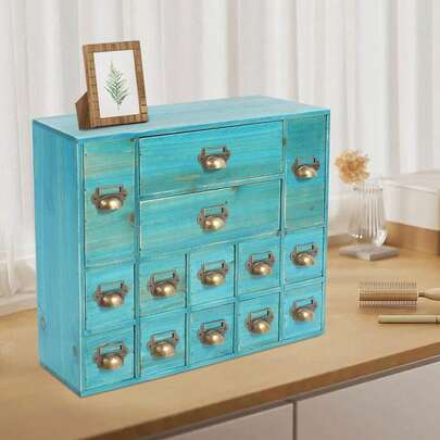 Gabinete de farmacia con 14 cajones, gabinete de catálogo de tarjetas, cajón de catálogo de tarjetas de biblioteca con manijas de metal y ranura para etiqueta, organizador de cajón de escritorio de madera para almacenamiento de hierbas, colección de té (azul)
