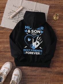 1pc Valentine's Day Young Boy Casual Heart Print Pullover Sweatshirt, Loose Fit, Warm Thermal Lining, Suitable For Students, Autumn/Winter - Black - View 3