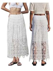 Women's Summer A-Line Skirt Long Crochet Boho Flowy Skirt For Travel, Beach, Shopping - trắng - Xem 8