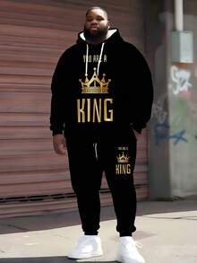 Felpa con cappuccio e tuta sportiva da uomo oversize "YOU ARE A KING" con scritta artistica e corona dorata, set sportivo a 2 pezzi per primavera, autunno e inverno - felpa con cappuccio oversize e pantaloni della tuta, stile street hiphop versatile - Multicolore - Visualizzare 1