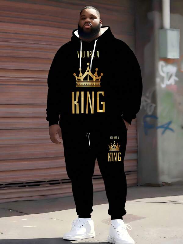 ZhuYa Hot Selling "YOU ARE A KING" Artistic Text & Golden Crown Matching Plus Size Men's Hoodie Sweatsuit, 2 Pieces Sports Set For Spring, Autumn, Winter - Plus Size Loose Fit Hooded Sweatshirt + Sweatpants, Street Hiphop Versatile