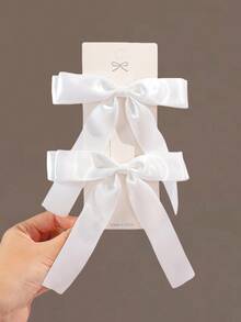 2pcs Girls' Simple Fashion Cute Daily Versatile Satin Ribbon Bow Hair Clips, Multi-Size - White - View 4